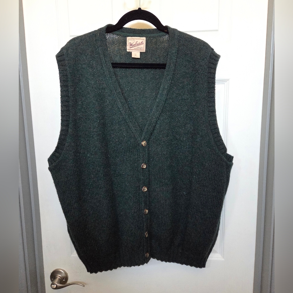Woolrich Dark Green V-Neck Button Sweater Vest Equestrian Preppy Grandpa Wool XL